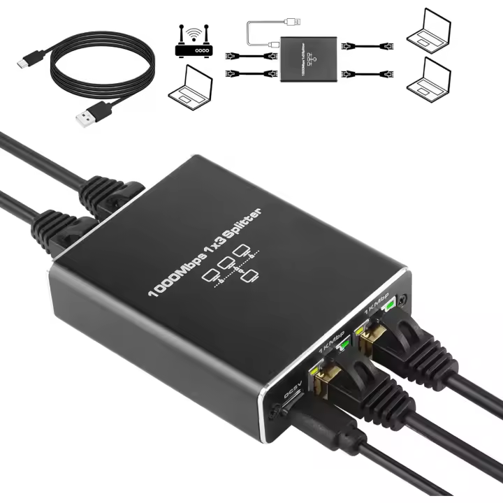 Switch Ethernet 1 a 3, 1000 Mbps LAN Splitter 1 a 3, conmutador Gigabit RJ45 Aluminio 3 puertos con Cable de alimentación Type C para Ordenadores, Conmutadores, Descodificadores, router, set-Top Box, Televisores - 1