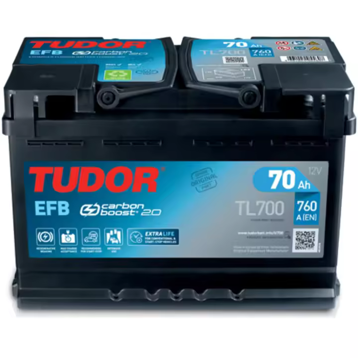 Tudor TL700 EFB Batería de Coche 70Ah 760A Alta Potencia - Apta para Coches con Sistema Start-Stop - 1
