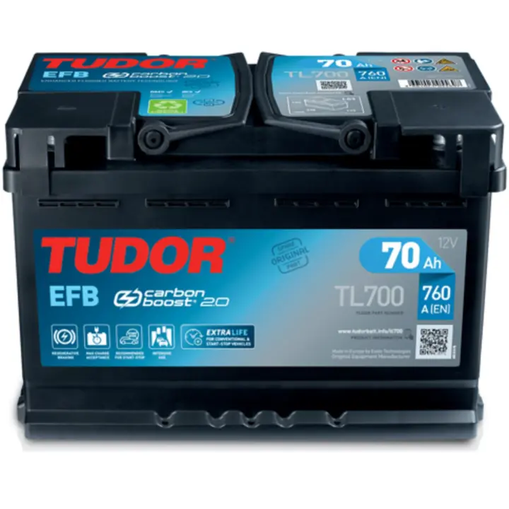 Tudor TL700 EFB Batería de Coche 70Ah 760A Alta Potencia - Apta para Coches con Sistema Start-Stop - 1