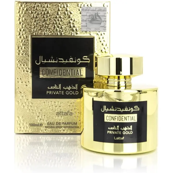Eau de Parfum CONFIDENTIAL PRIVATE GOLD 100 ml Attar Arabe de Dubai Para hombres y mujeres Una fragancia amaderada con un toque oriental de acentos de almizcle, vainilla y sándalo - 1