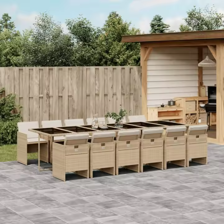 vidaXL Set comedor de jardín con cojines 13 pzas ratán sintético beige - 1