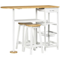 HOMCOM Set de Mesa de Bar con 1 Cajón 2 Estantes Cesta Extraíble y Botellero Juego de Muebles con Mesa Alta de 119x38,5x88,5 cm y 2 Taburetes de 29x29x55 cm para Comedor Cocina Blanco - details 0