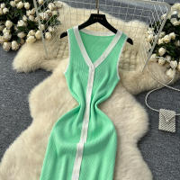 Vestido Largo Sin Mangas De Verano Para Mujer REALEFT V-neck Cintura Imperio Slim Alineado Hasta La Cintura De Poliéster - details 10