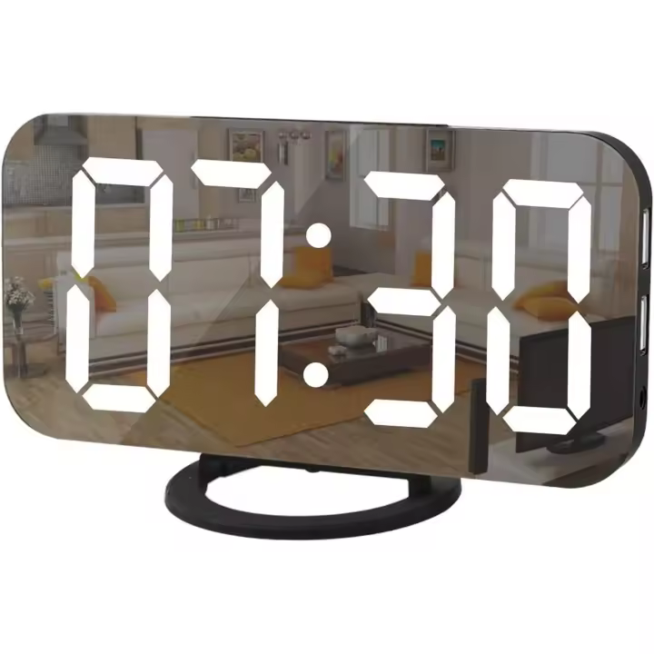 Reloj digital con pantalla grande, despertador eléctrico LED con superficie de espejo para maquillaje con modo de atenuación, 3 niveles de brillo (negro) - 1