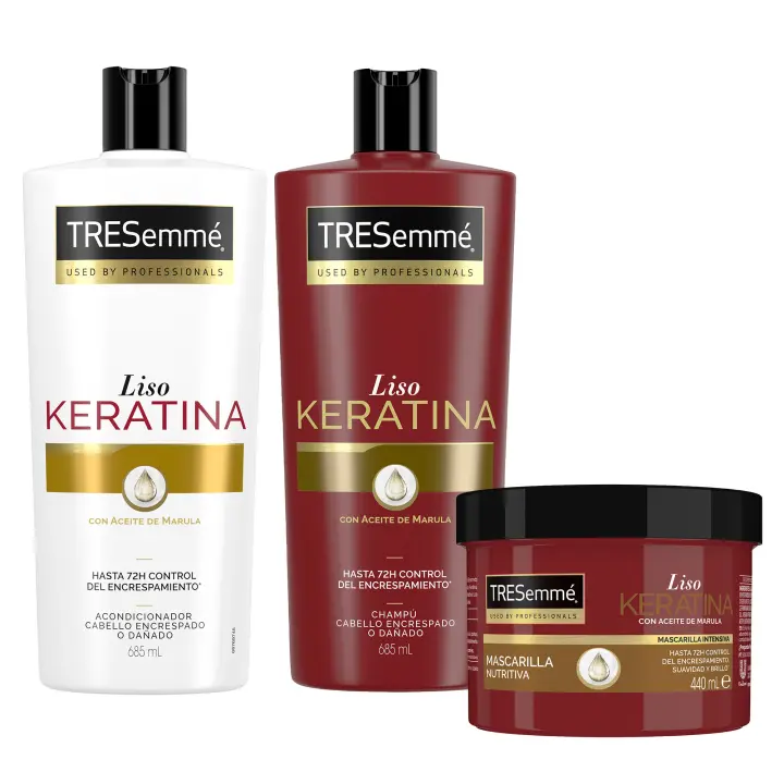 TRESemmé Pack Liso Keratina Champú 685ml + Acondicionador 685ml + Mascarilla 440ml para pelo encrespado o dañado con aceite de Marula y Keratina - 3 productos - 1