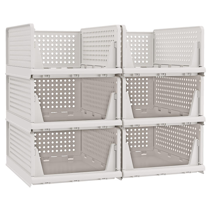 SONGMICS Organizador de Armario Plegable, Apilable, Cesta Extraíble, Juego de 6, Almacenamiento y Organización, Plástico, Dormitorio, Oficina, Baño, Blanco