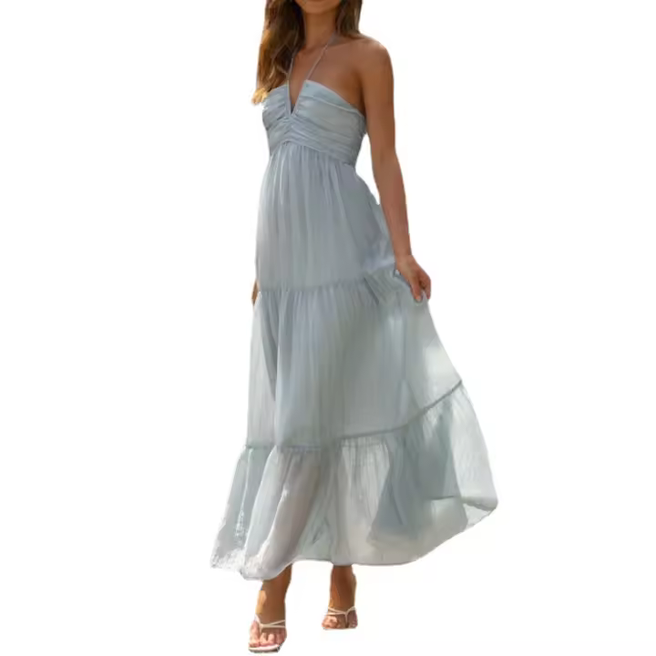 Vestido Maxi Bohemio De Verano Para Mujer En Chiffon Floral Sin Mangas Cuello En V A-Line Largo Con Espalda Descubierta Y Volante - 1