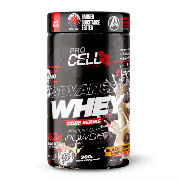 Proteina Concentrada Whey Core 900gr Black Cookies & Crunchy Chips (toppings black cookie) Procell  Sport- Suplemento Deportivo Alto en Proteína y Bajo en Carbohidratos - 1