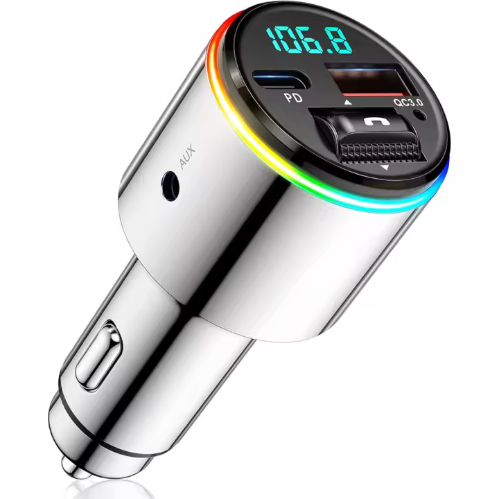 Transmisor FM Bluetooth 5.3 Coche, Carga Rrápido Llamada Manos Libres con Doble Puerto PD 30W+QC3.0 18W, Aleación de Zinc Receptor con Salida AUX, Luz Dual de 7 Colores - 1