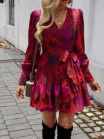 Vestido Largo De Manga Puffy Para Mujer Elegante Con Cuello En V Y Falda A-line Impresa Casual De Otoño E Invierno - details 2