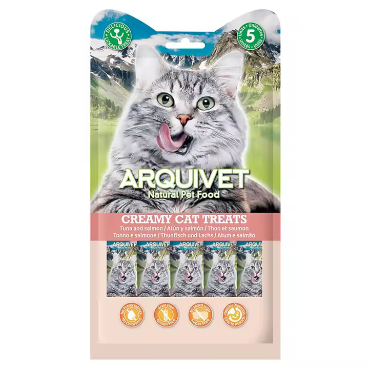 Snack para Gatos 5 unidades, Alimento liquido con Salmón Arquivet - 1
