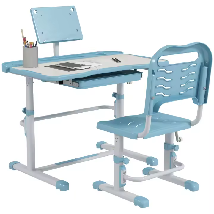 ZONEKIZ Juego de Escritorio y Silla para Niños de 6-12 Años Pupitre Infantil Altura Ajustable con 1 Cajón 1 Estante para Libros y Ángulo de Mesa Ajustable 80x49,5x82-104 cm - 1