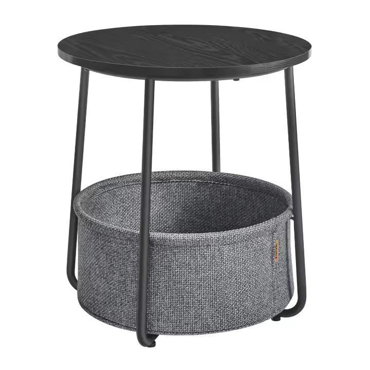 VASAGLE Mesa Auxiliar, Mesa Lateral Redonda con Cesta de Tela, Espaciosa, para Salón, Dormitorio, Mesita de Noche, Estilo Moderno, Blanco Mate y Marrón Camello/Azul Pálido y Azul Hielo/Beige Natural y Blanco Crema/Gris Cemento y Blanco Crema/Negro Ébano y - 1