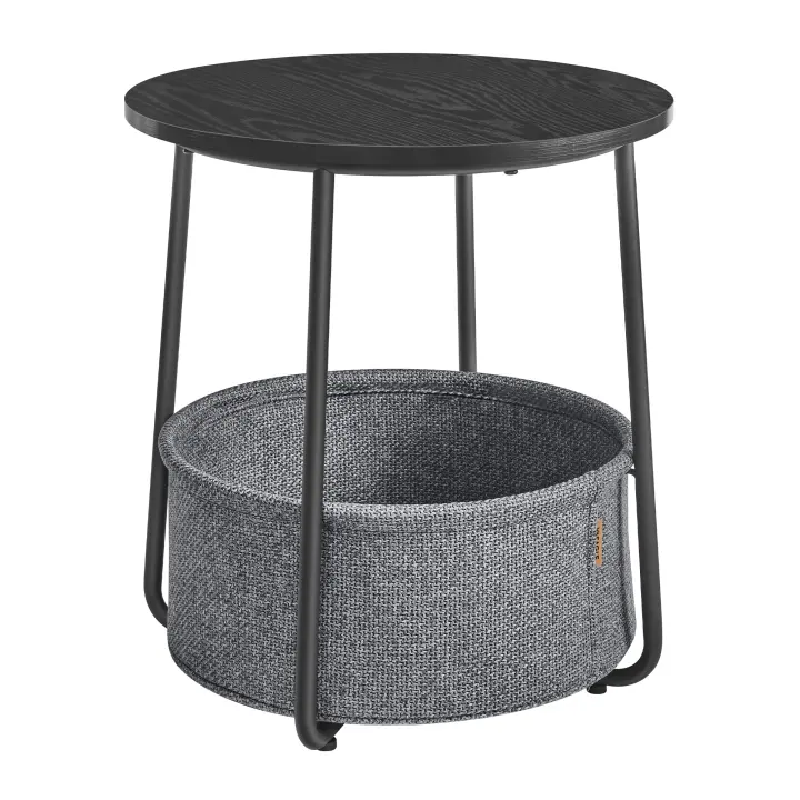 VASAGLE Mesa Auxiliar, Mesa Lateral Redonda con Cesta de Tela, Espaciosa, para Salón, Dormitorio, Mesita de Noche, Estilo Moderno, Blanco Mate y Marrón Camello/Azul Pálido y Azul Hielo/Beige Natural y Blanco Crema/Gris Cemento y Blanco Crema/Negro Ébano y - 1