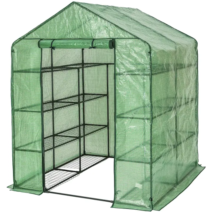 Tectake - Invernadero cuadrado con cubierta 143 x 143 x 195 cm  Con estante de 16 baldas metálicas de rejilla  Protege las plantas del frío, la lluvia y la escarcha  Cubierta de PE con protección contra rayos UVA - 1