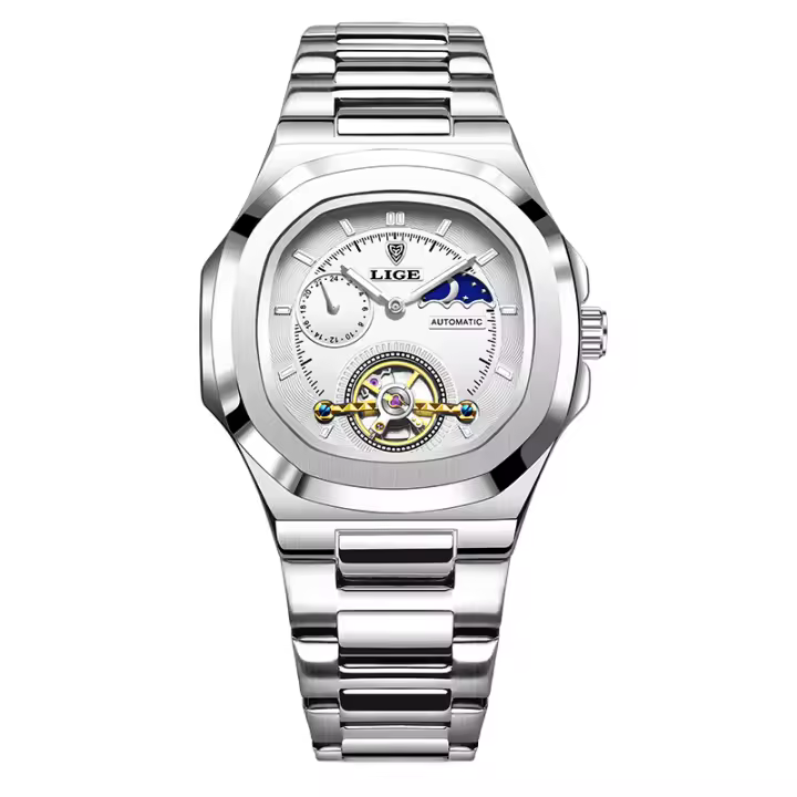 Reloj Mecánico LIGE Dual Seconds Tourbillon Para Hombre Acero Inoxidable Auténtico Reloj De Noche Luminoso Resistente Al Agua - 1