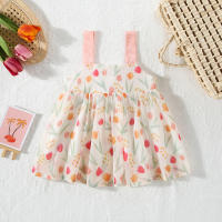 Vestido De Verano Para Niña Con Gran Lazo Y Estampado De Tulipán Vestido De Princesa Con Suspensión Material De Poliéster Sin Mangas Longitud De Pierna - details 4