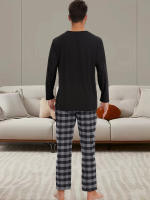 Conjunto De Pijamas Para Hombre Con Cuello En O Manga Larga Estilo Diario De Alta Calidad Color Sólido Y Rayado Pantalones De Pijama De Alta Calidad - details 1