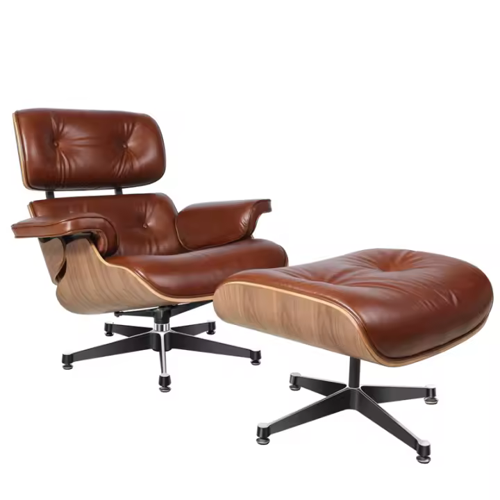 TY318 Classic Recliner Light Walnut Armchair With Waxing Cyan Cowhide Black Big Head Foot Swivel Deck Chair Lounge Chair Furniture - 1