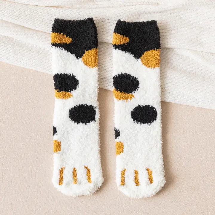 Calcetines De Velvet Coral Con Dibujos De Gato Para Mujer Calcetines Gruesos Y Calientes De Otoño E Invierno De Medio Tamaño - 1