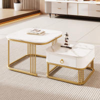 Mesa de Centro apilable: efecto Mármol DE ALTO Brillo with detalles Dorados, Mesa Auxiliar Con Cajones. Juego de dos piezas - details 0