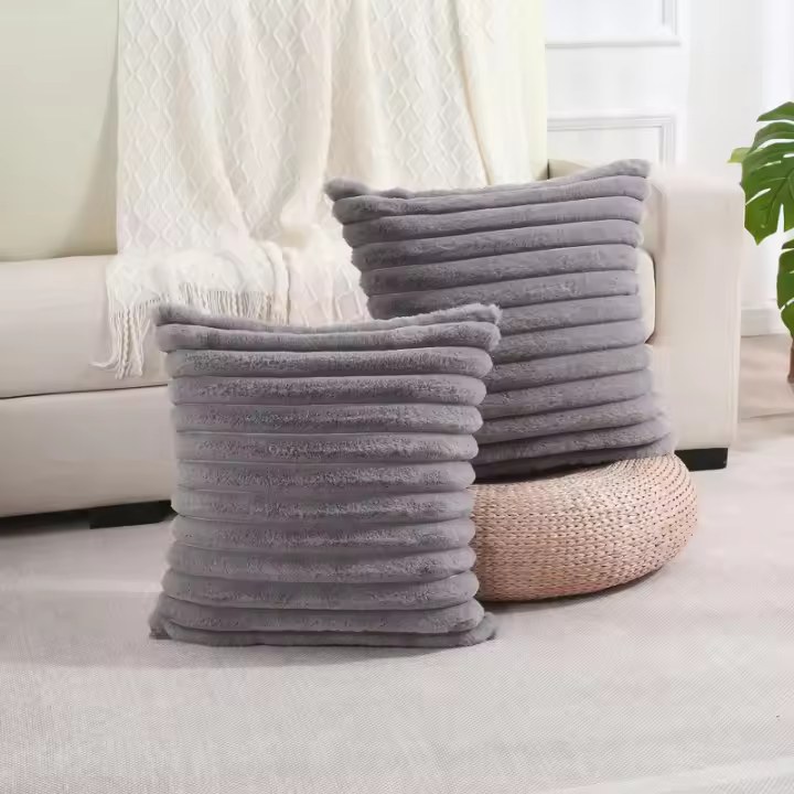 Funda De Cojín De Peluche De Conejo Falso Para Sofa Decoración De Interiores Tamaño 45x45cm Estilo Sólido Y Rayado Grueso Y Suave - 1