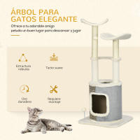 PawHut Árbol Rascador para Gatos Torre para Gatos Altura 110 cm con Caseta de Felpa Plataformas Postes de Sisal y Pelotas de Juguete 48x48x110 cm Crema y Gris - details 3