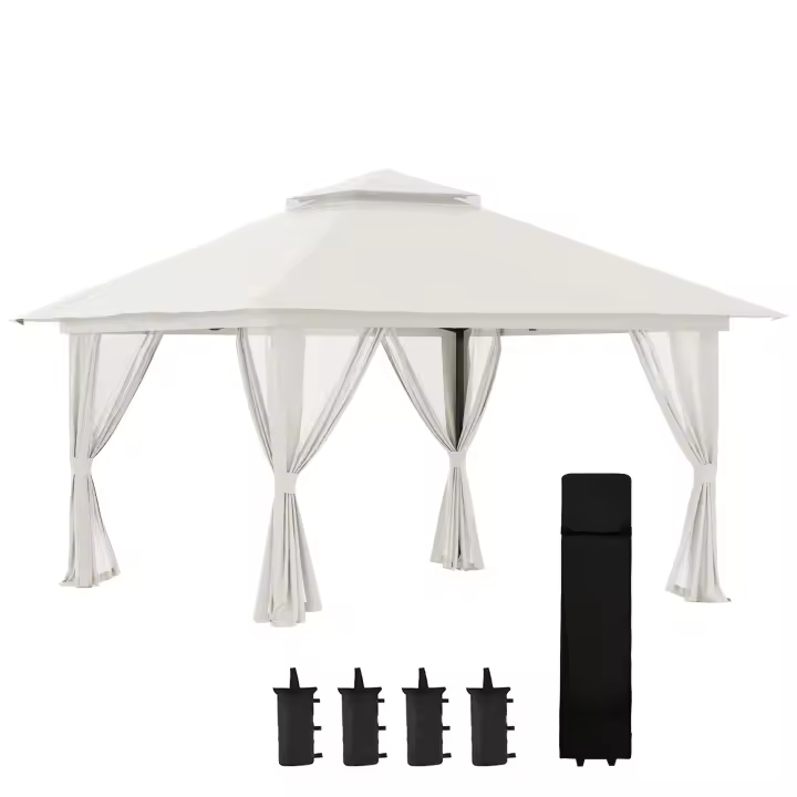 Outsunny Carpa Plegable Pop-up 3,92x3,92x2,83 m Cenador de Jardín con Altura Ajustable Protección UV50+ Doble Techo Mosquiteras y Bolsa de Ruedas para Fiestas Camping - 1