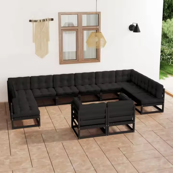 vidaXL Set de muebles de jardín 12 pzas con cojines madera pino negro - 1