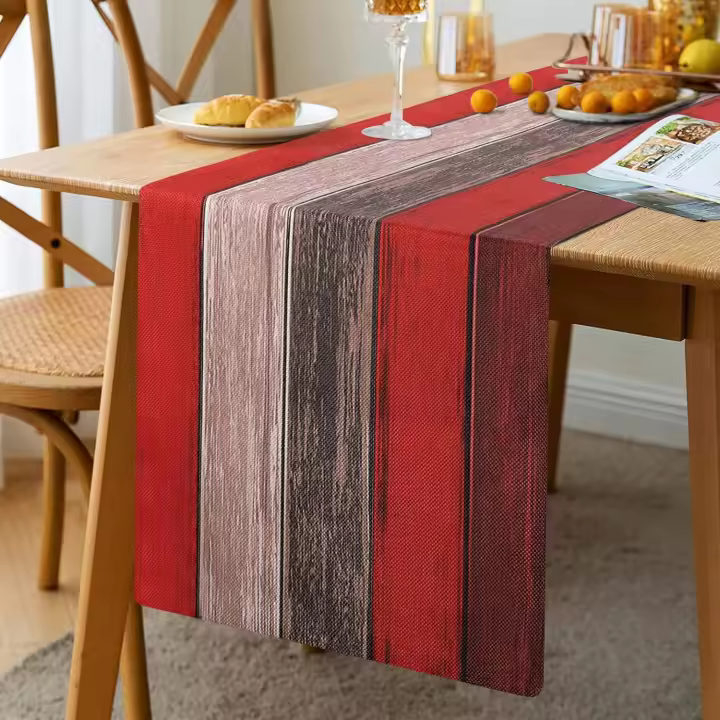Camino de mesa rojo de 33 x 183 cm, rectangular, para mesa de centro, estilo rústico, estilo retro, con textura de madera de granero, decoración de lino - 1