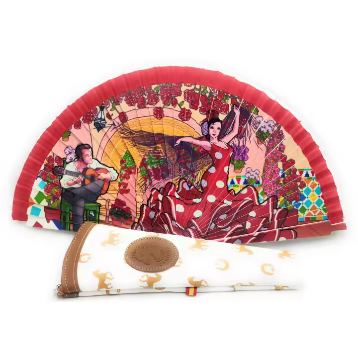 Abanico de Mano Plegable con Funda. Preciosos Dibujos de bailaores de Flamenco. Abanico Flamenco con Funda de Lona de Alta Calidad y Fabricada en España - 1