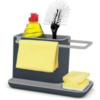 Almacenamiento/organizador de fregadero con drenaje integrado, Soporte para esponja, cepillo, detergente y paño de cocina, extraíble, tamaño regular, gris-WELLNGS - details 1