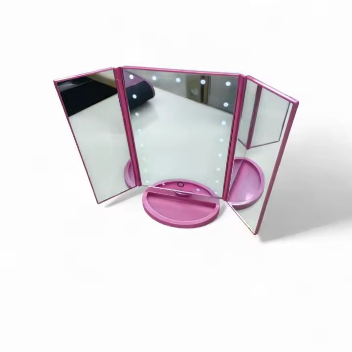 Espejo para maquillaje plegable con diferentes aumentos, luz led y base, variedad de colores - 1