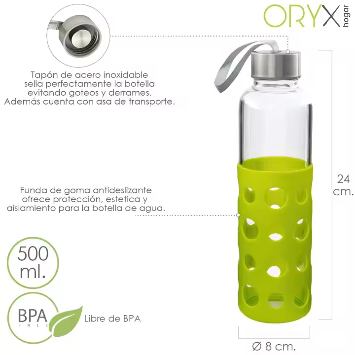 SANCO STORE - ORYX Botella Agua Fabricada En Cristal Con Funda De Goma y Tapon Antigotas, 500ml, Libre de BPA - 1