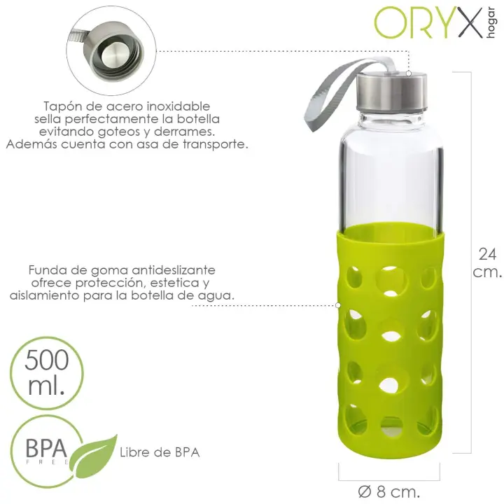 SANCO STORE - ORYX Botella Agua Fabricada En Cristal Con Funda De Goma y Tapon Antigotas, 500ml, Libre de BPA - 1