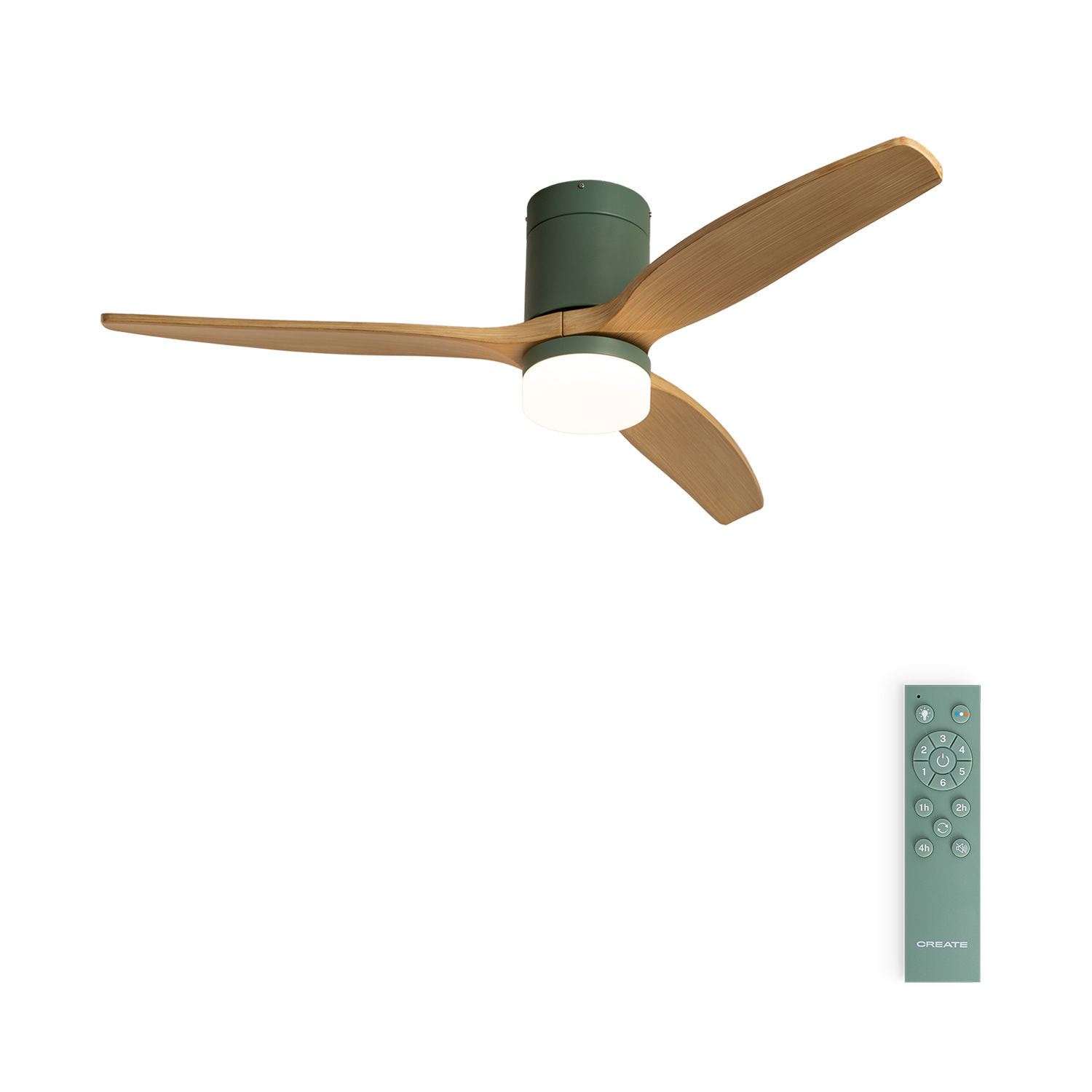 CREATE - Ventilador de techo 40W silencioso Con luz (Ø132 cm), 6 velocidades, Color motor Sage aspas ABS efecto madera clara - WIND CALM