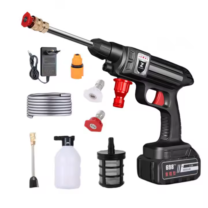 Lavadora a Presión Inalámbrica 1500W Portátil con Batería Recargable 30000mAh 45 Minutos Duración 30BAR de Presión 7M Alcance 5M Manguera para Lavado de Coche Riego Flores Limpieza de Exteriores Motor de Cobre Hidrolimpiadora - 1