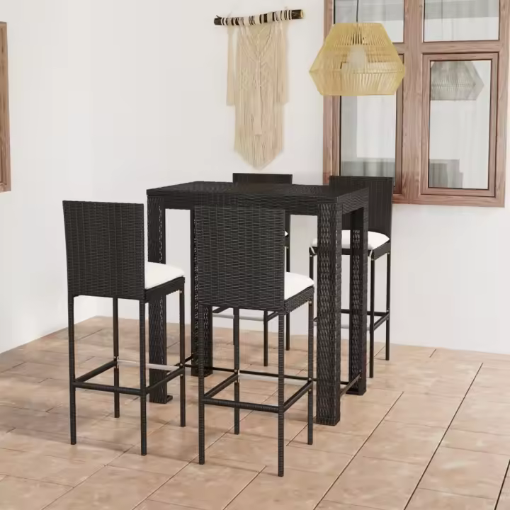 vidaXL Set muebles bar jardín 5 piezas y cojines ratán sintético negro - 1
