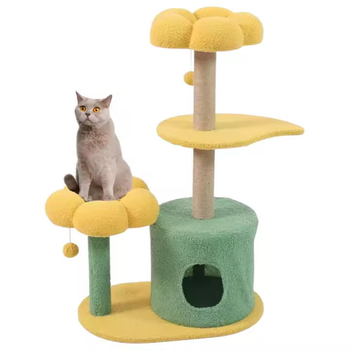 Cature,Torre Rascador para Gatos con Diseño de Flor, Casa y Plataformas, Verde y Amarillo, 55*36*89CM - 1