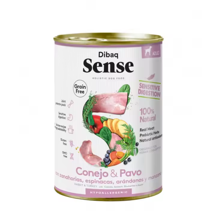 Dibaq Sense Dog,  comida húmeda, conejo y pavo, sin cereales, pack 3 uds x 380 gr - 1
