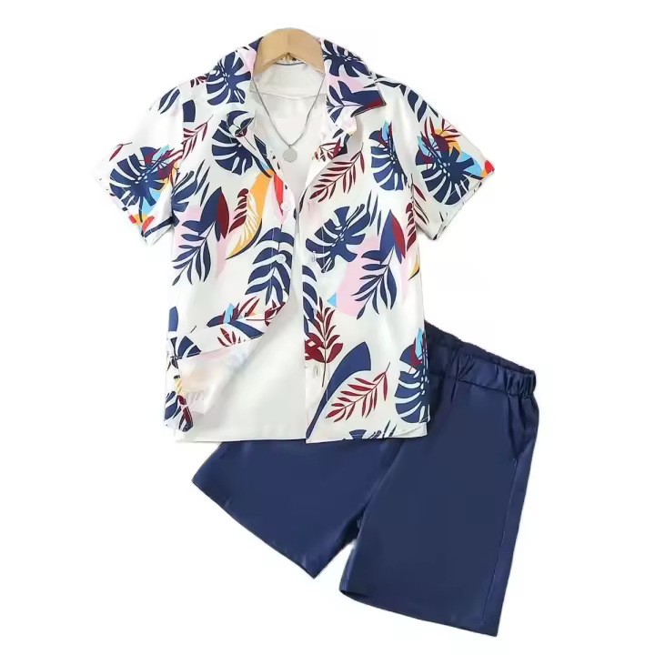 Conjunto De Verano Para Niños 2 Piezas Camisa Short With Estampado De Hoja De Palma Y Shorts Estilo Casuál Fashion Joven - 1
