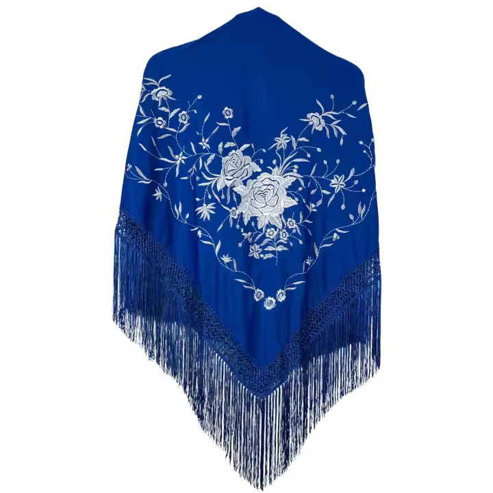 Mantón de manila de pico azul eléctrico con bordado blanco (160cm x80cm sin fleco) - 1