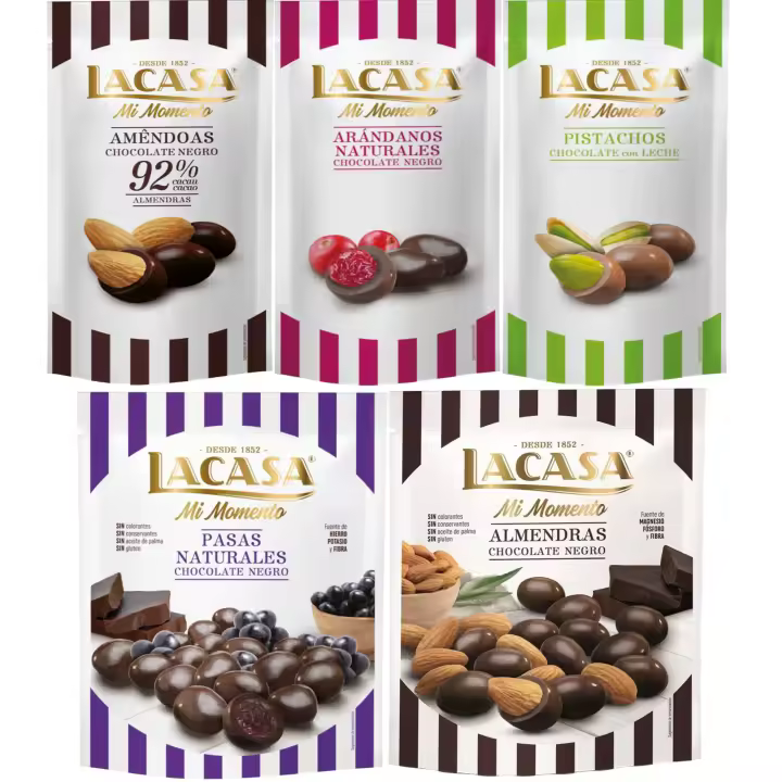 Lacasa Mi Momento pack de 5:Arándano  Negro 60 G,Pistacho  Leche 50 G,Almendra 92% 65 G,Pasas  Negro 150 G,Almendra  Negro 125 G - 1