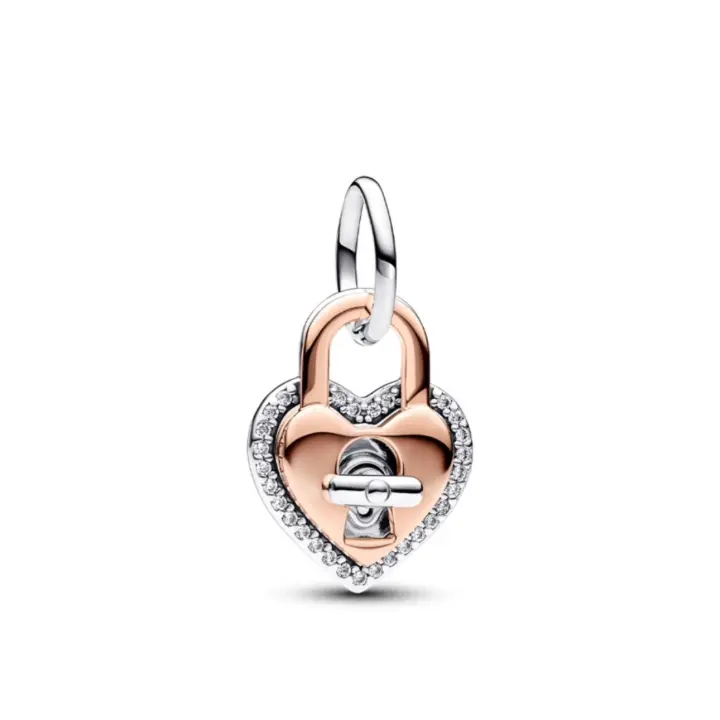 PANDORA Colgante dos en uno con candado giratorio en forma de corazón de dos colores CP, cuentas DIY 783079C01 - 1