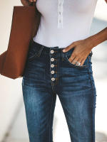 Nuevas Jeans Stretchy Para Niñas Cintura Alta Vintage Azul Mecánica Recta Casual Pantalones De Calle Con Botones Y Bolsillos - details 11