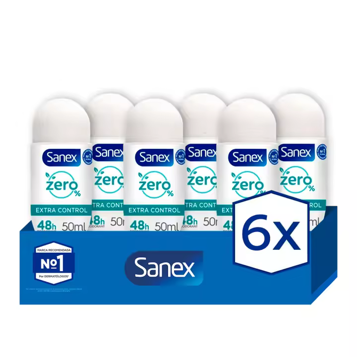 Desodorante roll-on Sanex Zero% Extra Control protección 48h 50ml. Pack 6 - 1
