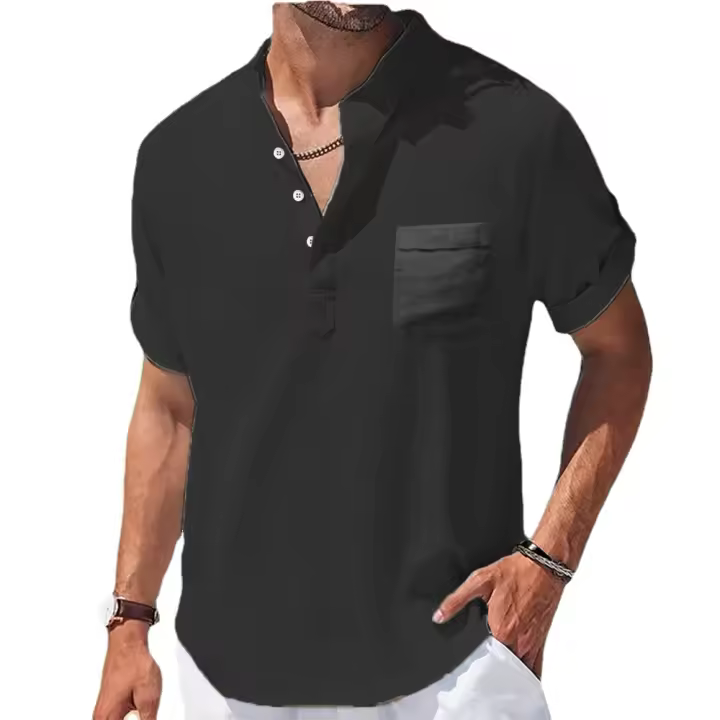 Camisa de lino Breton para hombre casual verano color sólido manga corta transpirable suéter con bolsillo Top Basic juvenil - 1
