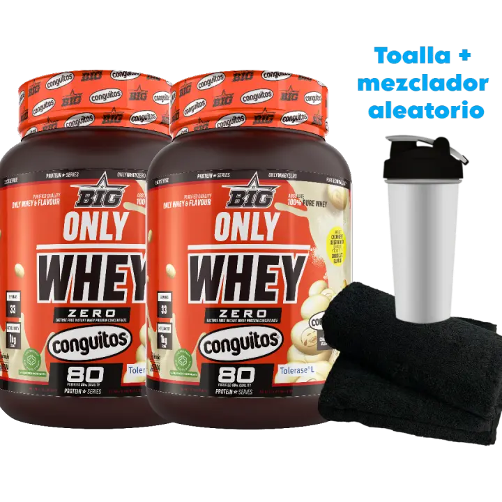 ONLY WHEY ZERO (2X1KG)  Conguitos Blanco - Big + toalla y  Mezclador aleatorio / Baja en lactosa / Baja en azúcares / Alta calidad / Delicioso sabor / Nutritiva - 1