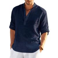 Nueva camiseta de manga larga de lino para hombre, camisa informal holgada de Color sólido, camisa de lino de algodón de manga larga - details 8