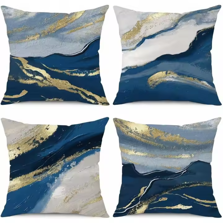 Fundas De Almohada Decorativas, paquete de 4, 18x18 pulgadas, color Azul Marino y Dorado, 45x45 cm, fundas de almohada cuadradas de Lino - 1